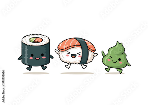 Cute sushi cartoon characters walking together.