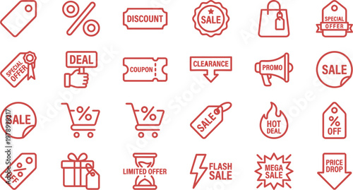 Essential red line art icons representing various e-commerce, retail sales, discounts, coupons, and promotional marketing elements.