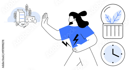 Food allergy, nutrition, healthy lifestyle, dietary restrictions, plant-based eating, time management. Woman avoiding milk, fish and cheese. Food allergy and nutrition concepts illustrated