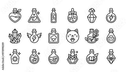 Collection of mystical potion bottle icons.
