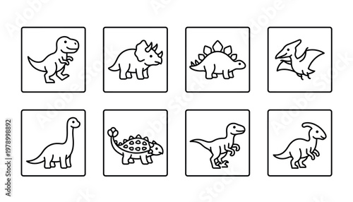 A set of dinosaur illustrations in outline style.