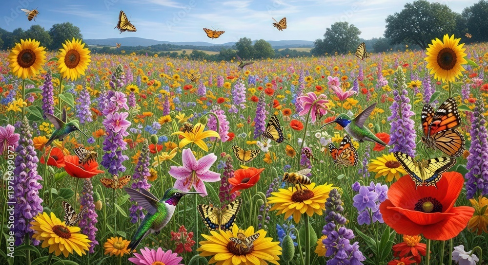 Fototapeta premium A vibrant field of colorful flowers with butterflies and hummingbirds flying in a serene natural landscape under a blue sky