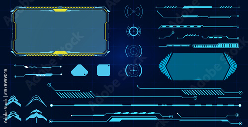 Futuristic digital interface elements and graphical user interface design components for technology and science concepts