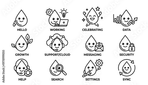 Collection of line icons with smiling water drops.