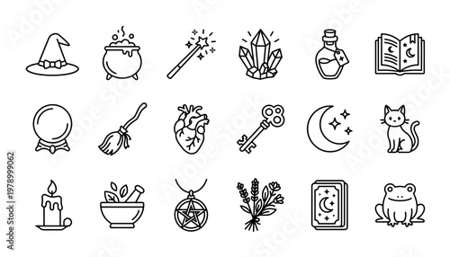 Black and white line art witchcraft icons.