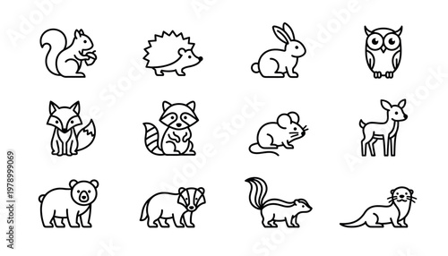 Collection of various cute animal line icons.