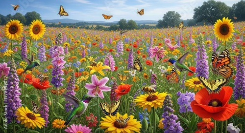A vibrant field of colorful flowers with butterflies and hummingbirds flying in a serene natural landscape under a blue sky