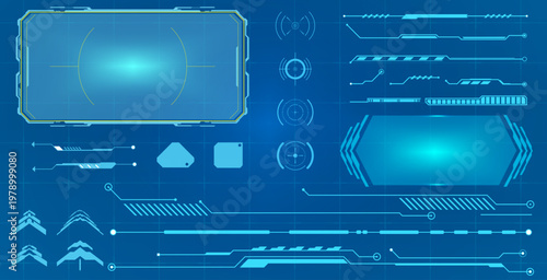 Abstract futuristic HUD UI elements for modern digital interfaces, technology displays, and gaming designs on a dark blue background
