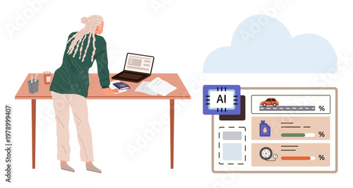 Artificial intelligence, cloud computing, data analytics, workflow optimization, digital transformation, technology integration. Woman using laptop at desk with AI analytics interface. Artificial