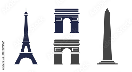 Iconic Monuments: Eiffel Tower, Arc de Triomphe, Washington Monument Silhouettes