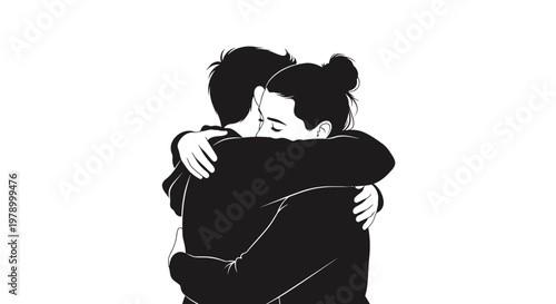 Couple embracing tightly, expressing love and connection, black and white illustration