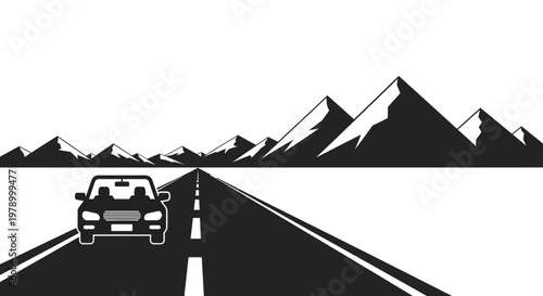 Car driving on road towards mountains, travel and adventure concept