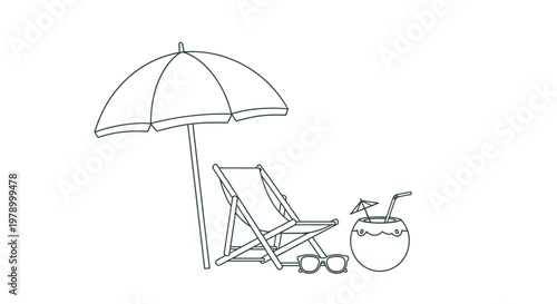 Beach Scene Outline: Deck Chair, Umbrella, Coconut Drink, Sunglasses