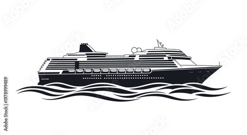 Cruise Ship Sailing on Wavy Ocean Water, Nautical Travel Illustration