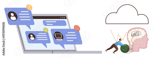Artificial intelligence, mental health, online interaction, work-life balance, technology, productivity. Chat messages and AI screen on laptop cloud icon brain and person pushing ball. Artificial
