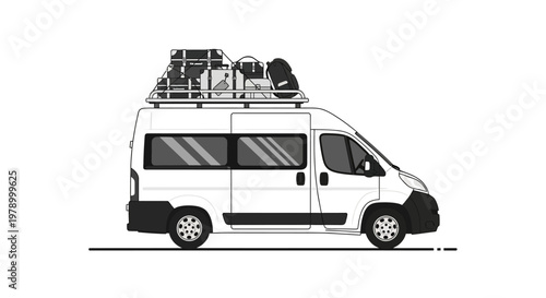 White Camper Van with Luggage on Roof Rack, Ready for Road Trip Adventure