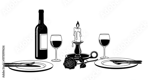 Romantic Dinner Table Setting with Wine, Candle, Rose, and Place Settings
