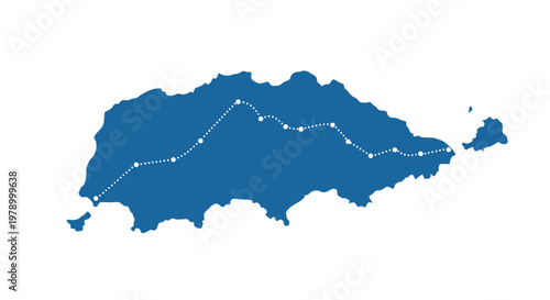 Blue island map silhouette with dotted line route and markers on white background