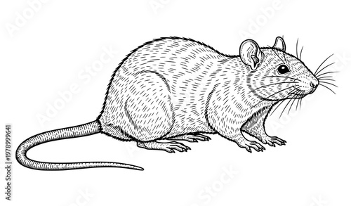 Realistic rat black and white vector illustration with detailed rodent anatomy isolated on white background