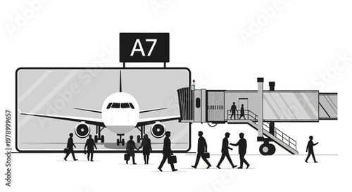Airport Jet Bridge and Airplane Boarding Gate A7 with Silhouettes of Travelers