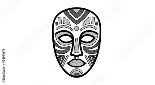 Traditional Tribal Mask Illustration, African Culture, Ethnic Symbol, Black and White Design