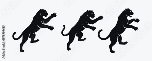 Three black panther silhouettes in dynamic poses with outstretched claws on white background.