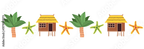 Tropical beach bungalow horizontal border with palm trees and starfish in flat hand-drawn style. Vector illustration of island resort, summer vacation home and exotic travel elements for banner, heade