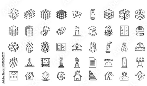 A collection of line art icons depicting various fire and flame symbols