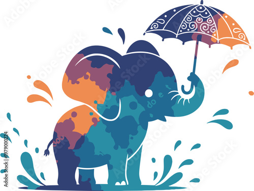 Cartoon elephant holding an umbrella in the rain with simple vector illustration style and playful decorative elements