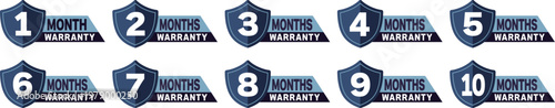 月保証アイコンセット（1ヶ月〜10ヶ月）シールドデザインの保証バッジ　Monthly Warranty Badge Icon Set 1 to 10 Months Shield Guarantee Labels
