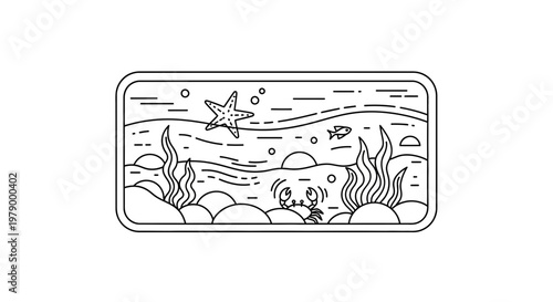 Minimalist Underwater Scene: Starfish, Crab, Fish, Seaweed, Rocks, and Waves in Line Art