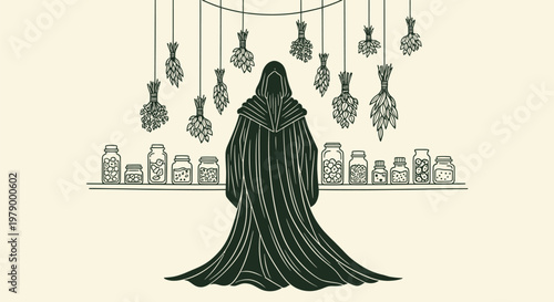 A mysterious figure in a long dark robe stands before a shelf of jars and hanging objects.