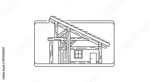 Line Art Illustration of a Timber Frame House with Gable Roof and Window