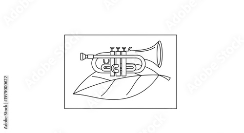 Line Art Trumpet on Leaf Illustration - Musical Instrument and Nature Concept