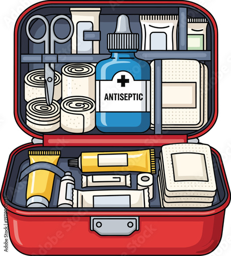 Open Red First Aid Kit Filled With Medical Supplies.
