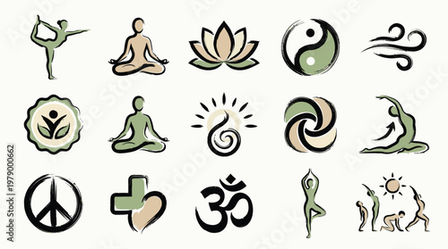 Collection of diverse yoga and wellness symbols, including human figures in poses, lotus flowers, yin yang, peace sign, and Om symbol, rendered in a brushstroke style.