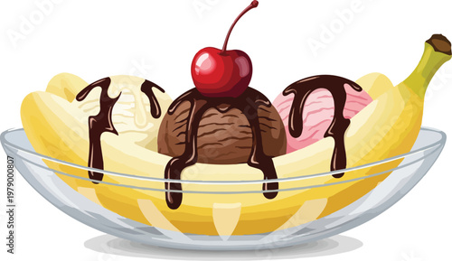 Delicious banana split vector illustration with chocolate syrup, ice cream scoops, and a cherry in a glass bowl