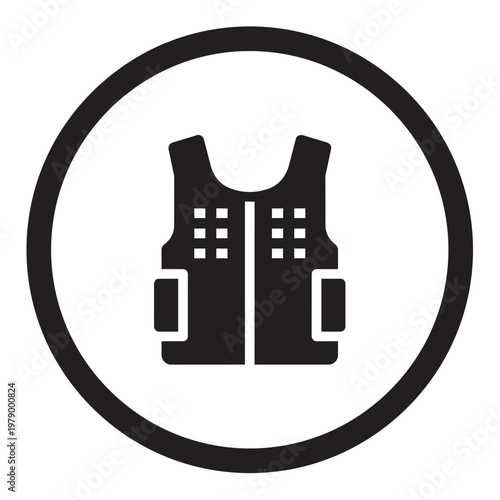 A black bulletproof vest icon with a white background and a circular border around it all on a plain white background.