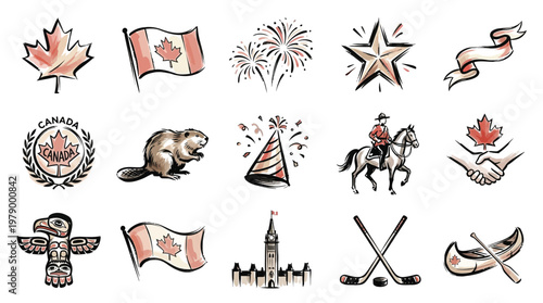 Collection of Canadian cultural symbols and icons, including maple leaves, flags, beavers, and national landmarks.