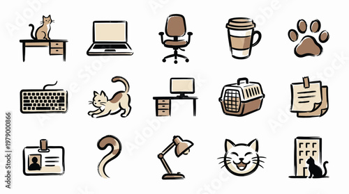 A collection of charming hand-drawn icons depicting a cat-friendly home office environment, including a desk, laptop, chair, coffee cup, and various cat-related items.
