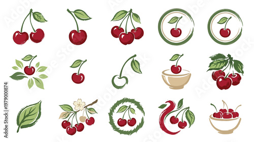 A collection of stylized cherry illustrations, showcasing various artistic interpretations of the fruit and its leaves.