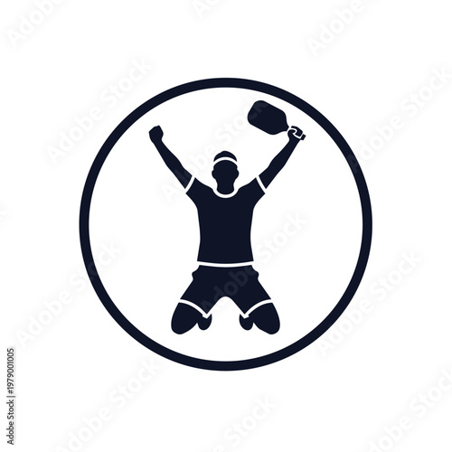 A triumphant pickleball player in a circular frame jumping with arms raised and paddle held high.