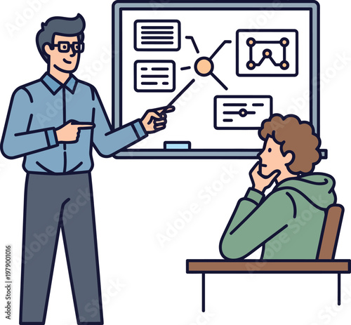 Teacher explaining concepts to a student in a classroom setting.