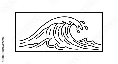 Minimalist Line Art Wave Illustration, Ocean Surf, Dynamic Water Movement, Simple Vector Art