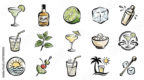 A collection of hand-drawn illustrations depicting various elements associated with cocktails and tropical drinks, including glasses, ingredients, and garnishes.