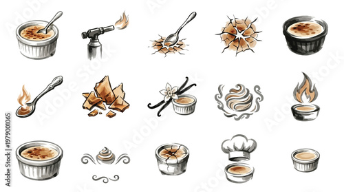 A collection of watercolor illustrations depicting the process and ingredients of making crème brûlée, including ramekins, a blowtorch, sugar, vanilla beans, and whipped cream.