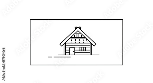 Minimalist Log Cabin Icon: Simple Outline of a Rustic Wooden House