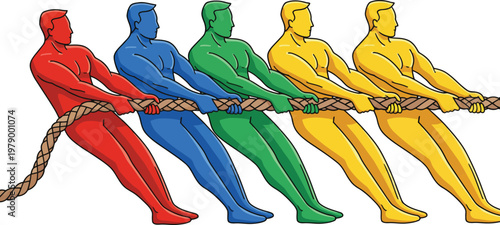 Team of five people in colorful shirts playing tug of war.