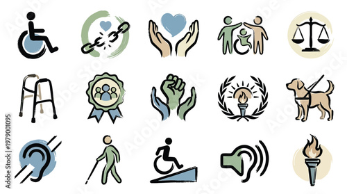 A collection of icons representing various aspects of disability, accessibility, and social inclusion, including symbols for wheelchairs, hearing aids, guide dogs, and community support.