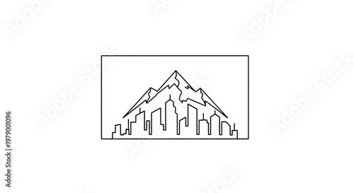 Minimalist Mountain Cityscape Line Art: Peak Above Urban Skyline